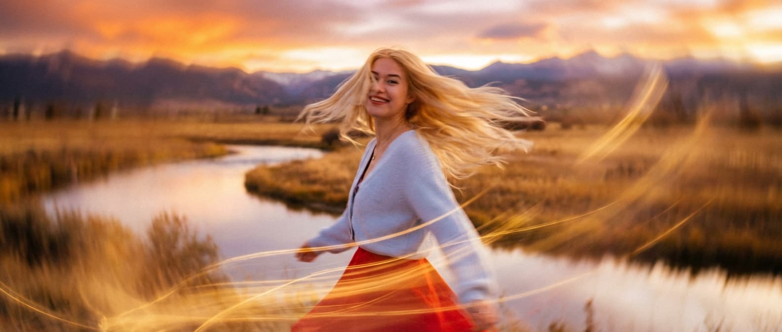 Haven Slay spinning in a red skirt at golden hour with Colorado mountains